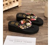Cute Non-Slip Summer Flip-flop Bohemian Ethnic Style High Heel Sandals Satin Thick Sole Beach Slippers Indoor/Outdoor
