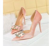 Banquet light luxury thin heel side hollow suede shallow mouth pointed rhinestone buckle high heels