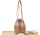 Bolso de cubo de paja tejido de papel, bandolera de barril redondo, estilo étnico, borla de cordón, bolso de playa de un solo hombro