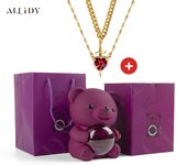 Luxury Hot Red Zircon Heart & Dagger Pendant Double Couple Necklace Set with Real Preserved Rose & Teddy Bear – Romantic Jewelry Gift for Mother’s Day, Valentine’s Day, Birthday & Anniversary