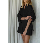 Conjunto de pantalones cortos informales a rayas Jacquard, camisa de manga farol con solapa acogedora, pantalones cortos de cint