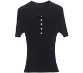 OUWU- Suéter De Punto Acanalado Ajustado Con Botones Frontales Para Mujer, Jersey De Manga Corta Con Cuello Tipo Polo, Tops Elegantes