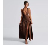 Long camie neckline evening gown with prominent V-neck side openings, pleats backless , eam fabric, perfect for