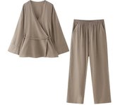 OUWU- Conjunto De Dos Piezas A La Moda Para Mujer, Abrigos Sueltos Lisos Con Cordones Y Pantalones Vintage De Cintura Alta Elástica, Conjuntos De Pantalones Elegantes Para Mujer