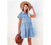 Vestido Vaquero Mujer 2025 - Camisa Denim Manga Corta con Botones, Mini Falda Vaquera Ajustable, Conjunto Casual Verano Moda Cómoda y Elegante para Ocasiones Diarias