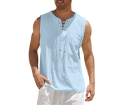 Men's Fashion Beach Sleeveless Shirts Hippie Tank Top Linen Viking Tunic for Summer Men's sleeveless tops medieval eyelet tie stand collar men's pullover shirt
