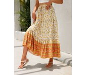 Women Bohemia Skirt Long Vintage Dress Floral Printed Rayon A line Large Hem Elastic Waist red blue