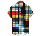 Men's colorful 3D printed checkered affordable and stylish, casual Hawaiian shirt, loose short sleeved top with beach buttons,