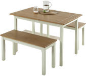Mesa de comedor con 2 bancos - mesa de comedor 114x74x71 cm - juego de mesa de madera con banco - juego de cocina estilo granja 3 piezas - blanco y marrón