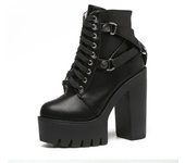 Gdgydh Fashion Black Chunky Heeled Boots Women Lace-up Side Zip Soft Leather Platform Ankle Boots High Heels Goth Shoes Lug Sole