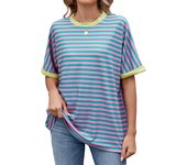 Primavera y verano nueva camiseta de manga corta suelta con cuello redondo de color en contraste a rayas top mujer