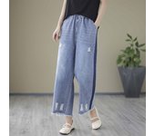 Nine point cotton wide leg embroidered jeans, women's high waisted, ruffled, loose fitting oversized straight leg casual pants
