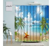 Ocean Window View Shower Curtain Beach Garden Green Plants Flowers Vine Greece Natural Scenery Bathroom Decor With Hook Screen