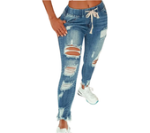 Pantalones vaqueros con agujeros rotos para mujer, pantalones pitillo rasgados con cordón, moda Hip Hop