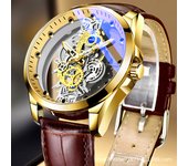 Doble cara ajardinada fondo translúcido automático hombre reloj negocios a prueba de agua luminoso