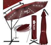 300/350 cm Sombrilla Excentrico con 32 Luces LED Solar | Parasol para Terraza Jardín Balcón Patio | con Manivela y Base en Cruz, Giratorio 360º, Protección UV