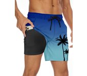 Men's 2-in-1 Digital Print Beach Swim Trunks with Palm Tree Design - Quick-Dry, Drawstring Waist, Pockets, Polyester Blend, Gradient Color (Black to Blue) - Perfect for Summer, Pool & Vacation, Bathing Suits