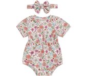 Pudcoco Baby Girl Ribbed Romper Floral/Bow/Strawberry Short Sleeve Bodysuit with Bow Headband Cute Summer Clothes
