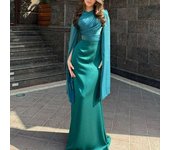 Fashion Satin Solid Robe Ladies Temperament O-neck Slim Evening Elegant Batwing Sleeves High Waist Pleats Long Dress