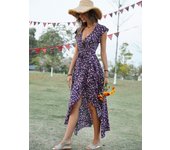 Women Floral Dress Long Bohemia Vintage Split Sleeveless Beachwear Tunic Skirt Rayon V neck Spring Summer  blue