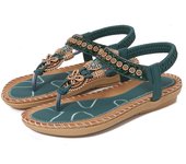 Women's Bohemian Sandals Summer 2025 - Round Toe Rhinestone Flip-Flop Flat Comfort - Elegant Beach & Evening Shoes