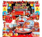 Fire Truck Birthday Party Supplies, 114pcs Firetruck Birthday Decorations  Tableware Set - Fire Truck Party Plates Cups Napkins  Firefighter Themed Balloon Backdrop etc Fire Truck Party Supplies