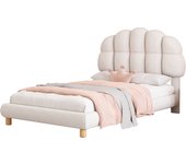 90x200cm (sin colchón) cama individual, cama infantil, cama juvenil, cama tapizada, somier de láminas de madera, polar circular, blanco