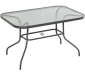 Mesa de Jardín Exterior Rectangular de Metal Bordes Curvos con Orificio para Sombrilla Capacidad 70kg Vidrio Templado 120x80x70 cm Gris Carbón