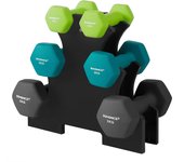 Juego de mancuernas, 3 pares, 2 x 1 kg, 2 x 2 kg, 2 x 3 kg, soporte de almacenamiento, gimnasio y musculación, revestimiento de neopreno antideslizante