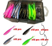 70 PCS Set Soft Lure Spring Lock Fihshhook Bionic Fish 7cm V Tail Offset Worm Hook Pesca Gear Swimbait Fishing Tackle Box Bait