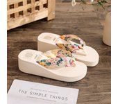 Cute Non-Slip Summer Flip-flop Bohemian Ethnic Style High Heel Sandals Satin Thick Sole Beach Slippers Indoor/Outdoor