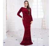 Velvet Evening Dress with Sequins and Round Neck, Graduation Formal Maxi Dress, Long Sleeves