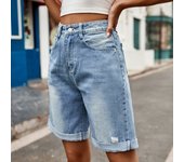 Pantalones cortos vaqueros para mujeres, pantalones cortos vaqueros casuales con agujeros rotos y bordes enrollados