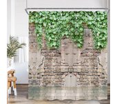 Shower Curtain Green Vines Brick Wall Pink Flowers European Garden Arch Door Bathroom Decorations Vintage Bath Curtain with Hook