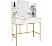 Tocador de Maquillaje con Espejo y 10 Bombillas LED, Mesa de Maquillaje Moderno con 2 Cajones y 4 Estantes para Dormitorio, 90x45x136cm, Madera y Metal, Blanco+Dorado, MB6077ws