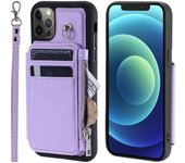 RFID Blocking PU+TPU Phone Case for iPhone 12/12 Pro 6.1", Kickstand Zipper Wallet Shell with Strap
