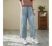 Nine point cotton wide leg embroidered jeans, women's high waisted, ruffled, loose fitting oversized straight leg casual pants
