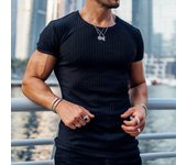 Hombre verano deporte fitness casual cuello vertical elástico barra vertical cuello redondo manga corta camiseta