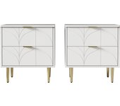 Modern bedside table with gilded feet and knobs, floral pattern, set of 2 with 2 drawers, lacquered, corners with anti-bump design, 50W*40D*54H cm, white