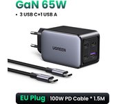 UGREEN Nexode 65W Charger 3 USB C and 1A Power Adapter GaNInfinity Type C Compatible with iPhone 16 15 14 13 12, Galaxy S24 Ultra Plus Pixel iPad MacBook M3 M2 M1