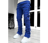 High Street White Men's Stacked Jeans Stretched Patchwork Tassel Damaged Denim Full Length Pants Hip-pop Trousers For Male