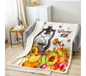 Fall Pumpkins Throw Blanket,Autumn Sunflowers Maple Leaves Bed Blanket for Kids Boys Girls Adults,Wooden Door Rustic