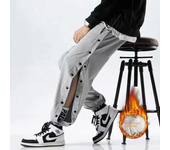Pantalones de chándal holgados con cordón para hombre, pantalones casuales forrados de lana con botones completos, pantalones de baloncesto de entrenamiento abiertos laterales, Otoño e Invierno