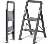 peldaños Plegable de Aluminio, Escalera Doméstica Estrecha con Pasamanos, Mecanismo Antiplegado, Uso Hogar Cocina Despensa Oficina, Ahorro de Espacio y Portátil, Plata
