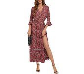Women Floral Dress Long Sleevs Bohemia Vintage Split Plus Size Beachwear Tunic Skirt Rayon V neck Spring Summer  blue