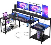 Gaming 181cm, Escritorio Gaming con Luces LED, Mesa Gaming para PC con 3 Tomas de CA y 2 Puertos de Carga USB, Escritorio para Ordenador con Amplio Estante para Monitor, marrón