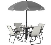 Conjunto de Mesa y Sillas Jardín de 6 Piezas Muebles de Jardín Exterior con 4 Sillas Plegables Mesa de Vidrio y Sombrilla para Terraza Patio Gris