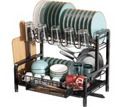 44,8f. x 32an. x 36,3al. Escurreplatos Acero Inoxidable con Drenaje Automático, Escurridor de Platos Grande de 2 Niveles con Portavasos y Porta Utensilios, Escurridor para Fregadero (Negro)