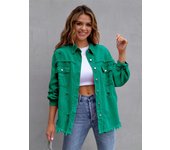 Women's medium length denim windbreaker, with broken and long sleeves