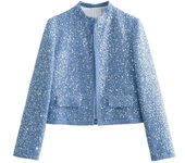 BUNO-Luxury Blue Sequin Coat for Women, Long Sleeve Short Jacket with Round Neck, Party Outerwear, New Fashion, Autumn and